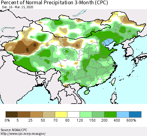 China, Mongolia and Taiwan Percent of Normal Precipitation 3-Month (CPC) Thematic Map For 12/16/2019 - 3/15/2020
