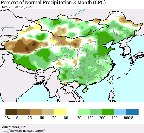 China, Mongolia and Taiwan Percent of Normal Precipitation 3-Month (CPC) Thematic Map For 12/21/2019 - 3/20/2020