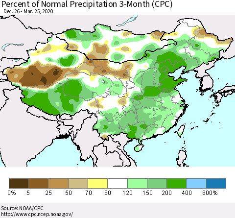 China, Mongolia and Taiwan Percent of Normal Precipitation 3-Month (CPC) Thematic Map For 12/26/2019 - 3/25/2020