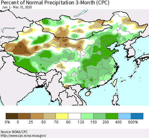 China, Mongolia and Taiwan Percent of Normal Precipitation 3-Month (CPC) Thematic Map For 1/1/2020 - 3/31/2020