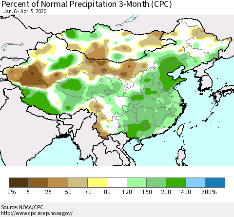 China, Mongolia and Taiwan Percent of Normal Precipitation 3-Month (CPC) Thematic Map For 1/6/2020 - 4/5/2020