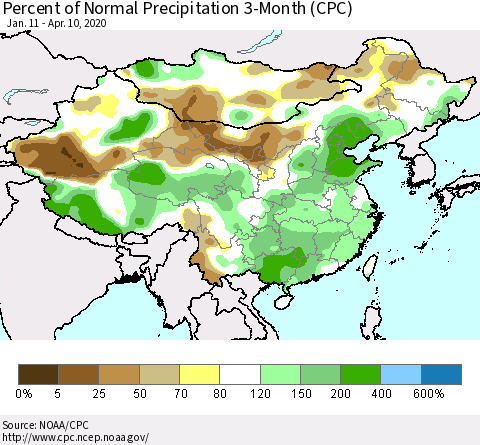 China, Mongolia and Taiwan Percent of Normal Precipitation 3-Month (CPC) Thematic Map For 1/11/2020 - 4/10/2020
