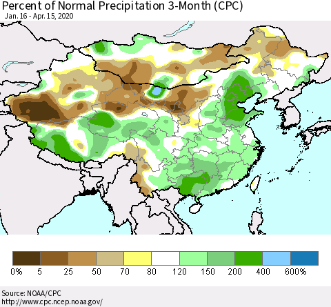 China, Mongolia and Taiwan Percent of Normal Precipitation 3-Month (CPC) Thematic Map For 1/16/2020 - 4/15/2020