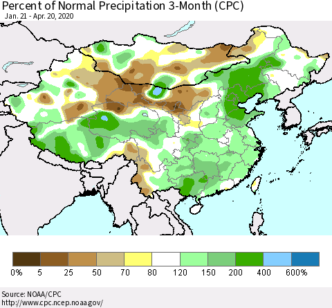 China, Mongolia and Taiwan Percent of Normal Precipitation 3-Month (CPC) Thematic Map For 1/21/2020 - 4/20/2020