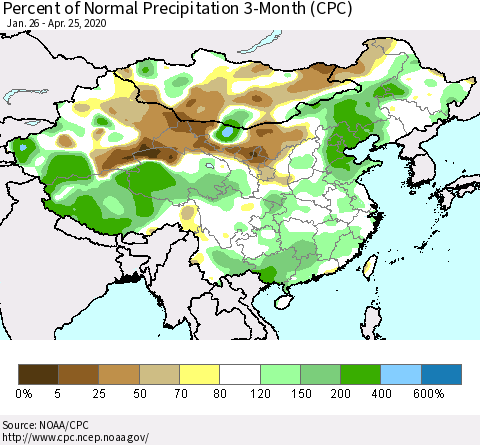China, Mongolia and Taiwan Percent of Normal Precipitation 3-Month (CPC) Thematic Map For 1/26/2020 - 4/25/2020