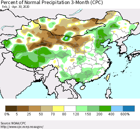 China, Mongolia and Taiwan Percent of Normal Precipitation 3-Month (CPC) Thematic Map For 2/1/2020 - 4/30/2020