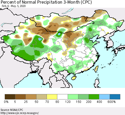China, Mongolia and Taiwan Percent of Normal Precipitation 3-Month (CPC) Thematic Map For 2/6/2020 - 5/5/2020