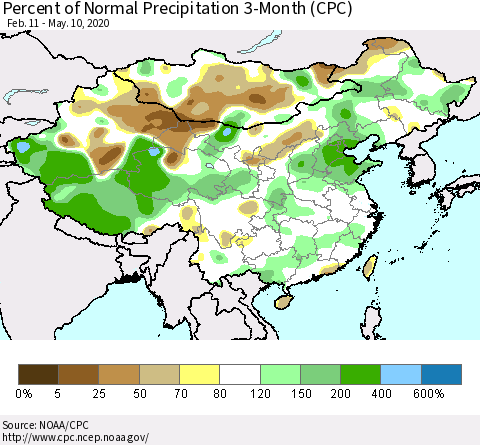 China, Mongolia and Taiwan Percent of Normal Precipitation 3-Month (CPC) Thematic Map For 2/11/2020 - 5/10/2020