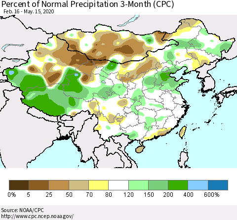 China, Mongolia and Taiwan Percent of Normal Precipitation 3-Month (CPC) Thematic Map For 2/16/2020 - 5/15/2020