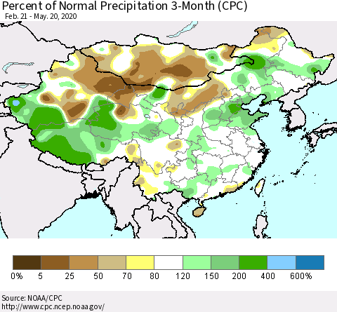 China, Mongolia and Taiwan Percent of Normal Precipitation 3-Month (CPC) Thematic Map For 2/21/2020 - 5/20/2020