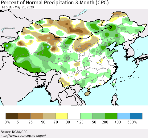 China, Mongolia and Taiwan Percent of Normal Precipitation 3-Month (CPC) Thematic Map For 2/26/2020 - 5/25/2020