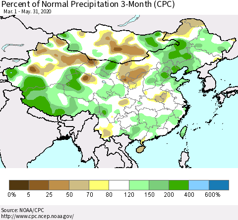 China, Mongolia and Taiwan Percent of Normal Precipitation 3-Month (CPC) Thematic Map For 3/1/2020 - 5/31/2020