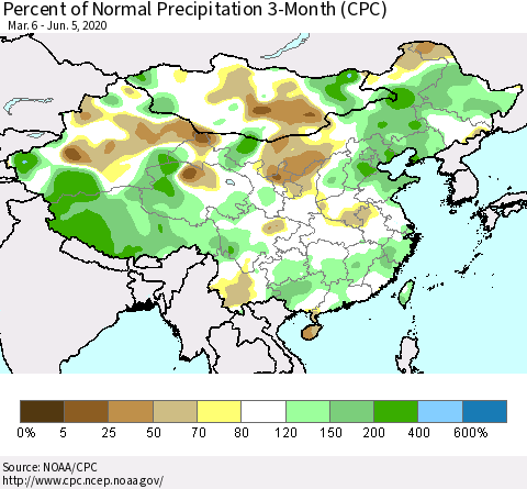 China, Mongolia and Taiwan Percent of Normal Precipitation 3-Month (CPC) Thematic Map For 3/6/2020 - 6/5/2020
