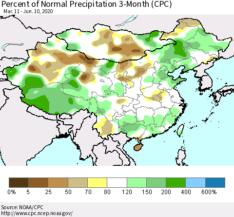 China, Mongolia and Taiwan Percent of Normal Precipitation 3-Month (CPC) Thematic Map For 3/11/2020 - 6/10/2020