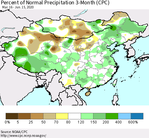 China, Mongolia and Taiwan Percent of Normal Precipitation 3-Month (CPC) Thematic Map For 3/16/2020 - 6/15/2020