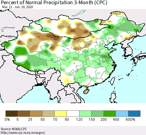 China, Mongolia and Taiwan Percent of Normal Precipitation 3-Month (CPC) Thematic Map For 3/21/2020 - 6/20/2020