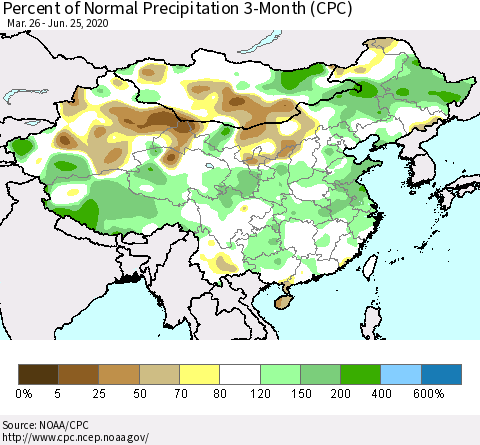 China, Mongolia and Taiwan Percent of Normal Precipitation 3-Month (CPC) Thematic Map For 3/26/2020 - 6/25/2020