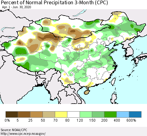 China, Mongolia and Taiwan Percent of Normal Precipitation 3-Month (CPC) Thematic Map For 4/1/2020 - 6/30/2020