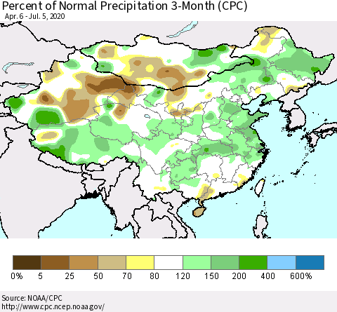 China, Mongolia and Taiwan Percent of Normal Precipitation 3-Month (CPC) Thematic Map For 4/6/2020 - 7/5/2020