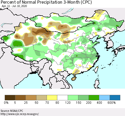 China, Mongolia and Taiwan Percent of Normal Precipitation 3-Month (CPC) Thematic Map For 4/11/2020 - 7/10/2020