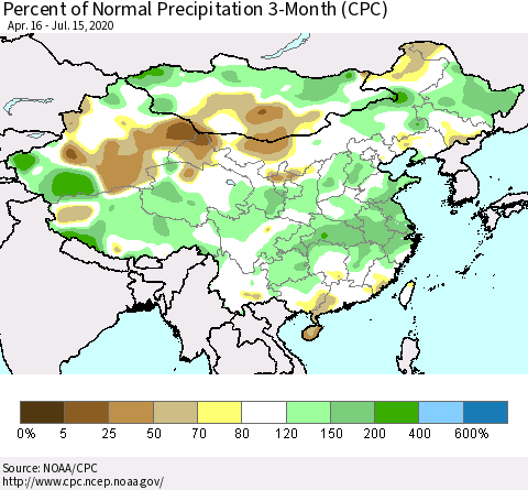 China, Mongolia and Taiwan Percent of Normal Precipitation 3-Month (CPC) Thematic Map For 4/16/2020 - 7/15/2020