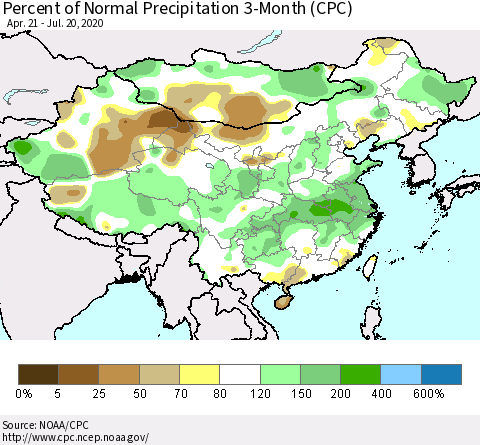 China, Mongolia and Taiwan Percent of Normal Precipitation 3-Month (CPC) Thematic Map For 4/21/2020 - 7/20/2020