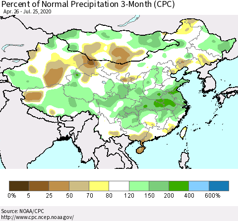 China, Mongolia and Taiwan Percent of Normal Precipitation 3-Month (CPC) Thematic Map For 4/26/2020 - 7/25/2020