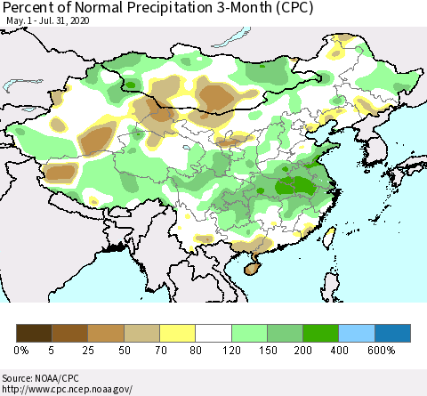 China, Mongolia and Taiwan Percent of Normal Precipitation 3-Month (CPC) Thematic Map For 5/1/2020 - 7/31/2020
