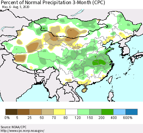 China, Mongolia and Taiwan Percent of Normal Precipitation 3-Month (CPC) Thematic Map For 5/6/2020 - 8/5/2020
