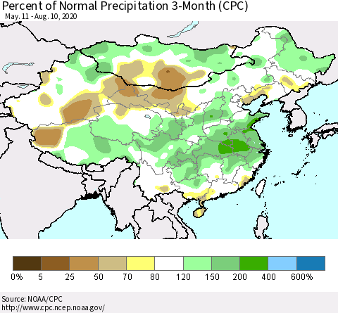 China, Mongolia and Taiwan Percent of Normal Precipitation 3-Month (CPC) Thematic Map For 5/11/2020 - 8/10/2020