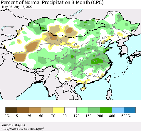 China, Mongolia and Taiwan Percent of Normal Precipitation 3-Month (CPC) Thematic Map For 5/16/2020 - 8/15/2020