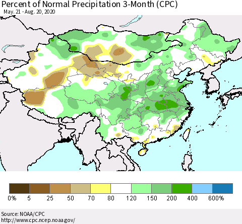 China, Mongolia and Taiwan Percent of Normal Precipitation 3-Month (CPC) Thematic Map For 5/21/2020 - 8/20/2020