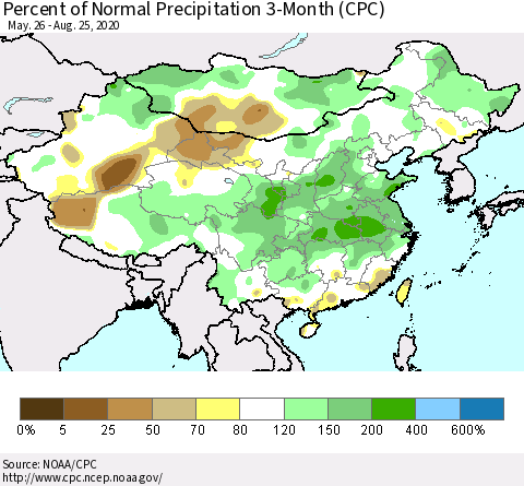 China, Mongolia and Taiwan Percent of Normal Precipitation 3-Month (CPC) Thematic Map For 5/26/2020 - 8/25/2020