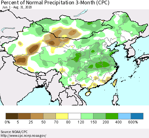 China, Mongolia and Taiwan Percent of Normal Precipitation 3-Month (CPC) Thematic Map For 6/1/2020 - 8/31/2020