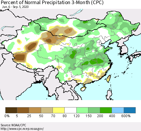 China, Mongolia and Taiwan Percent of Normal Precipitation 3-Month (CPC) Thematic Map For 6/6/2020 - 9/5/2020