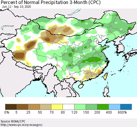 China, Mongolia and Taiwan Percent of Normal Precipitation 3-Month (CPC) Thematic Map For 6/11/2020 - 9/10/2020