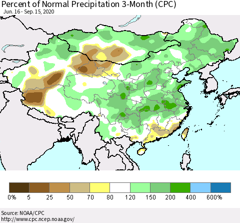 China, Mongolia and Taiwan Percent of Normal Precipitation 3-Month (CPC) Thematic Map For 6/16/2020 - 9/15/2020