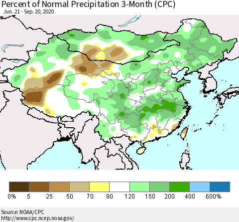 China, Mongolia and Taiwan Percent of Normal Precipitation 3-Month (CPC) Thematic Map For 6/21/2020 - 9/20/2020