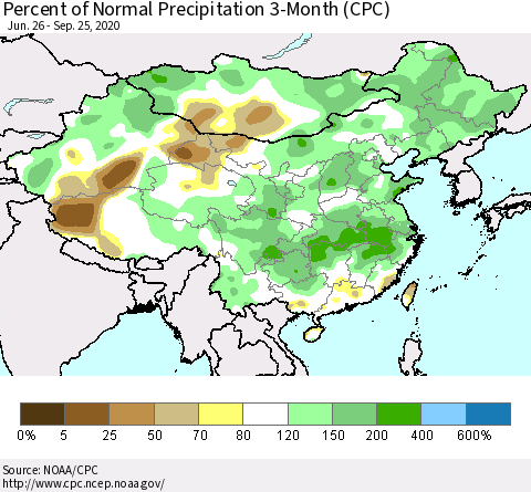 China, Mongolia and Taiwan Percent of Normal Precipitation 3-Month (CPC) Thematic Map For 6/26/2020 - 9/25/2020