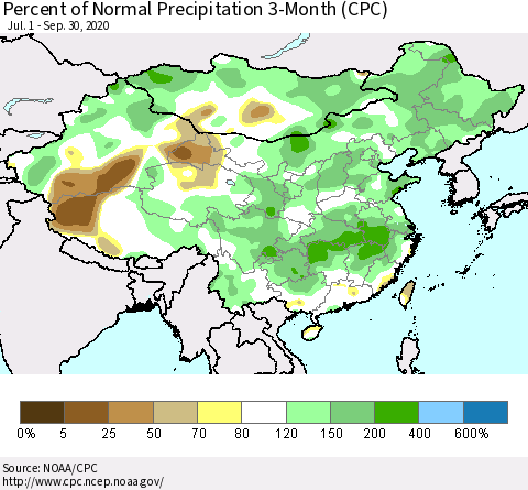 China, Mongolia and Taiwan Percent of Normal Precipitation 3-Month (CPC) Thematic Map For 7/1/2020 - 9/30/2020