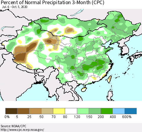 China, Mongolia and Taiwan Percent of Normal Precipitation 3-Month (CPC) Thematic Map For 7/6/2020 - 10/5/2020