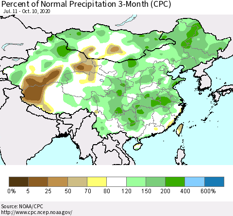 China, Mongolia and Taiwan Percent of Normal Precipitation 3-Month (CPC) Thematic Map For 7/11/2020 - 10/10/2020