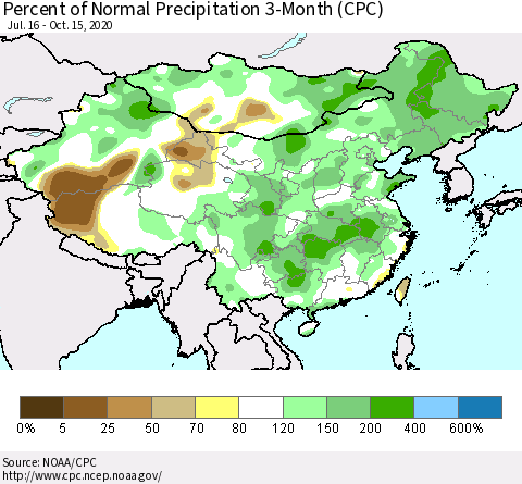 China, Mongolia and Taiwan Percent of Normal Precipitation 3-Month (CPC) Thematic Map For 7/16/2020 - 10/15/2020