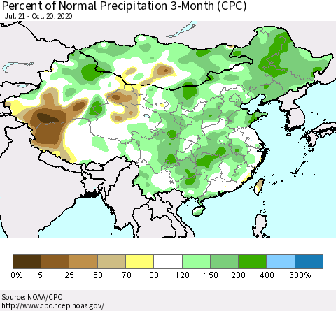 China, Mongolia and Taiwan Percent of Normal Precipitation 3-Month (CPC) Thematic Map For 7/21/2020 - 10/20/2020