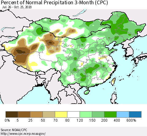 China, Mongolia and Taiwan Percent of Normal Precipitation 3-Month (CPC) Thematic Map For 7/26/2020 - 10/25/2020