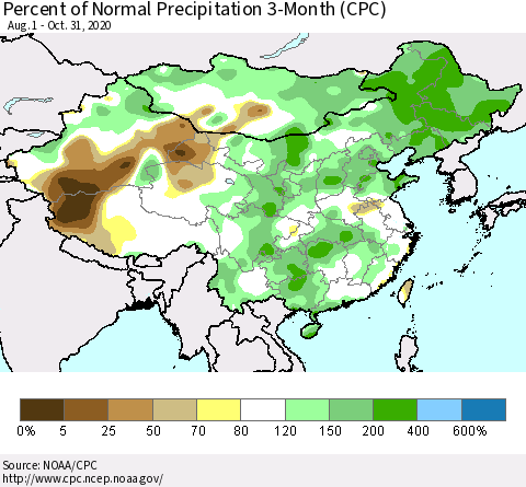 China, Mongolia and Taiwan Percent of Normal Precipitation 3-Month (CPC) Thematic Map For 8/1/2020 - 10/31/2020
