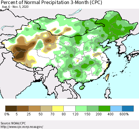 China, Mongolia and Taiwan Percent of Normal Precipitation 3-Month (CPC) Thematic Map For 8/6/2020 - 11/5/2020
