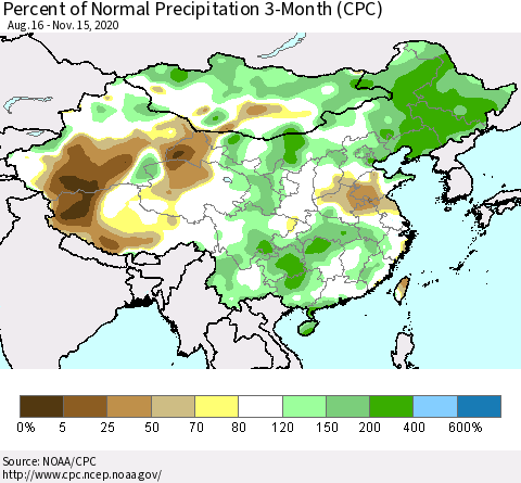 China, Mongolia and Taiwan Percent of Normal Precipitation 3-Month (CPC) Thematic Map For 8/16/2020 - 11/15/2020