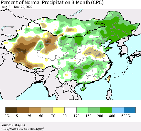 China, Mongolia and Taiwan Percent of Normal Precipitation 3-Month (CPC) Thematic Map For 8/21/2020 - 11/20/2020