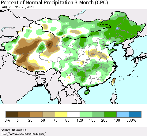 China, Mongolia and Taiwan Percent of Normal Precipitation 3-Month (CPC) Thematic Map For 8/26/2020 - 11/25/2020